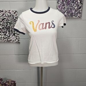 Vans White Ringer Tee with Navy Trim and Multicolor Gradient Logo